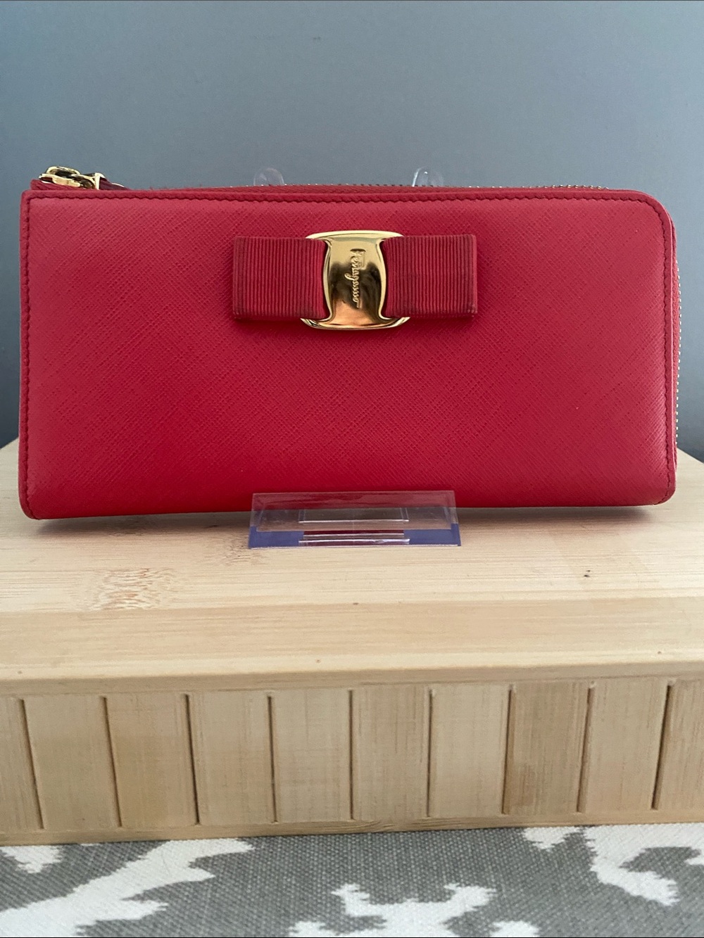 Salvatore Ferragamo Red Leather Bow Zip-Around Wallet with Gold Hardware